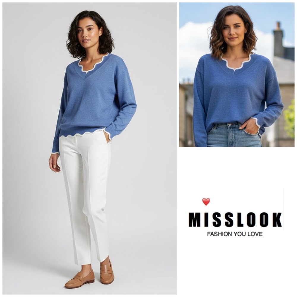 Misslook Blue Women's Sweater with White Wavy Trim